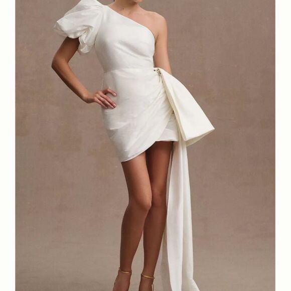 NWT Anthropologie Sachin & Babi Dova Puffed One-Shoulder Bow Wrap Mini Dress - Picture 1 of 8